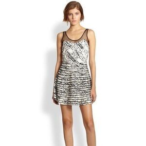 Parker 100% Silk Mini Dress White Black Print Sleeveless Mesh Size Small